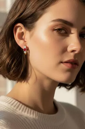 Red 3 Stone Huggie Earrings | Prism Glow 925 Silver Minimal Luxury Jewellery