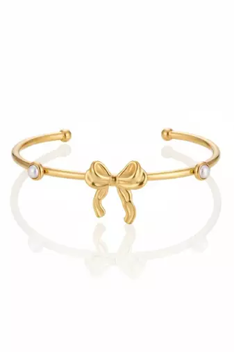 Pearl Studded Bow Cuff Bracelet | 18K Gold Plated Stainless Steel Bracelet for Women