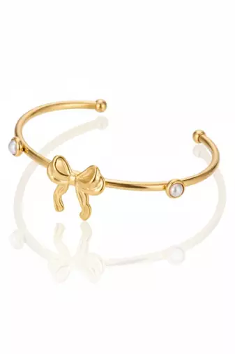 Pearl Studded Bow Cuff Bracelet | 18K Gold Plated Stainless Steel Bracelet for Women