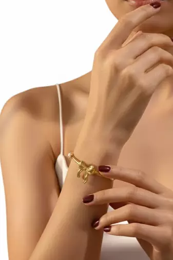 Pearl Studded Bow Cuff Bracelet | 18K Gold Plated Stainless Steel Bracelet for Women