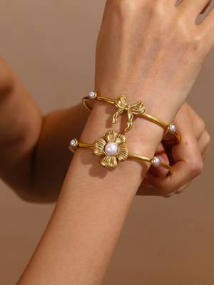 Premium Flower Cuff Bracelet with Pearls | Stainless Steel 18K Gold Plated Jewellery for Women 3