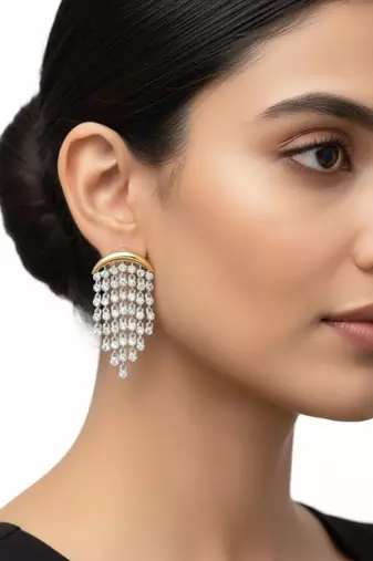 White Aura Chandelier Earrings | Gold Plated CZ Stone Party Wear Earrings