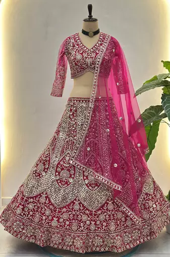 Shiny Pink Codding Embroidery Net Engagement Wear Lehenga With Blouse
