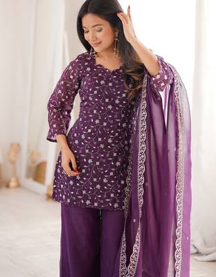 Beautiful Purple Sequins Silk Function Wear Pant Suit 6