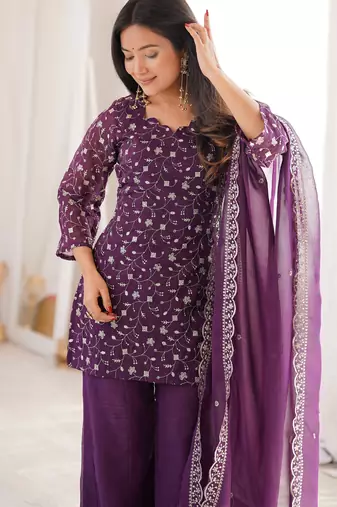 Beautiful Purple Sequins Silk Function Wear Pant Suit