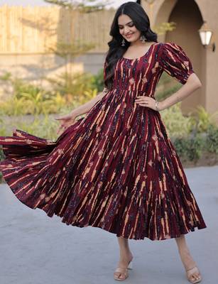 Fantastic Maroon Printed Cotton Casual Wear Dress 6