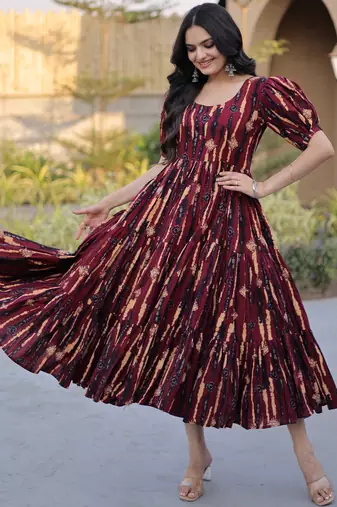 Fantastic Maroon Printed Cotton Casual Wear Dress
