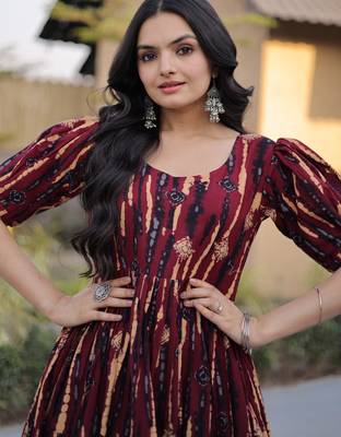 Fantastic Maroon Printed Cotton Casual Wear Dress 7
