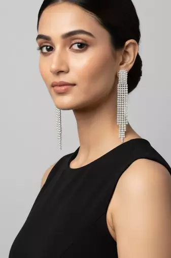 Women’s Silver Rhinestone Cocktail Danglers | Crystal Statement Drop Earrings | Party Wear Jewelry