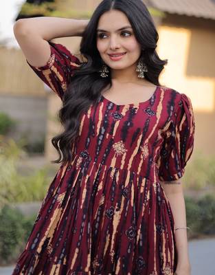 Fantastic Maroon Printed Cotton Casual Wear Dress 8