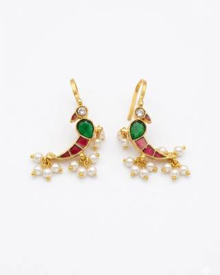 Green Red White Parrot Ear Cuff with Pearl Drops | Wear as Bugadi or Hair Pin | 18K Gold Plated 1