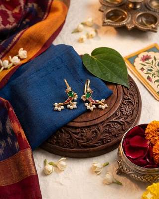 Green Red White Parrot Ear Cuff with Pearl Drops | Wear as Bugadi or Hair Pin | 18K Gold Plated 2