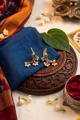 Green Red White Parrot Ear Cuff with Pearl Drops | Wear as Bugadi or Hair Pin | 18K Gold Plated