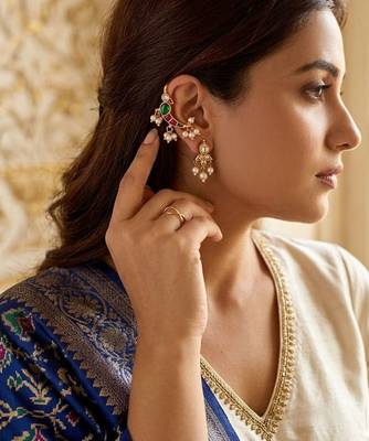 Green Red White Parrot Ear Cuff with Pearl Drops | Wear as Bugadi or Hair Pin | 18K Gold Plated 3