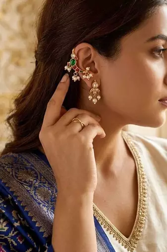 Green Red White Parrot Ear Cuff with Pearl Drops | Wear as Bugadi or Hair Pin | 18K Gold Plated