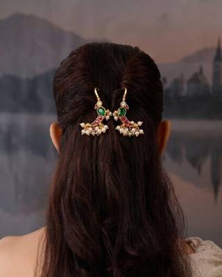 Green Red White Parrot Ear Cuff with Pearl Drops | Wear as Bugadi or Hair Pin | 18K Gold Plated 4