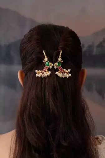 Green Red White Parrot Ear Cuff with Pearl Drops | Wear as Bugadi or Hair Pin | 18K Gold Plated