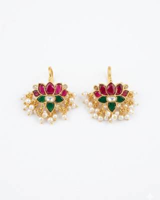 Green Red White Lotus Ear Cuff with Pearl Drops | Wear as Bugadi or Hair Pin | 18K Gold Plated 1