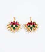 Green Red White Lotus Ear Cuff with Pearl Drops | Wear as Bugadi or Hair Pin | 18K Gold Plated