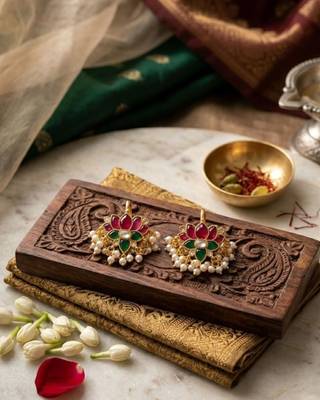 Green Red White Lotus Ear Cuff with Pearl Drops | Wear as Bugadi or Hair Pin | 18K Gold Plated 2