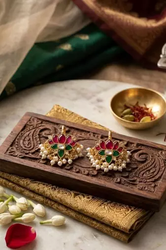 Green Red White Lotus Ear Cuff with Pearl Drops | Wear as Bugadi or Hair Pin | 18K Gold Plated