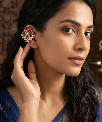 Green Red White Lotus Ear Cuff with Pearl Drops | Wear as Bugadi or Hair Pin | 18K Gold Plated 3