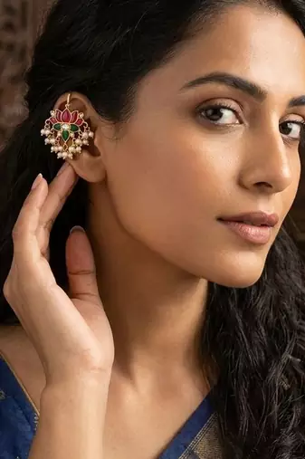 Green Red White Lotus Ear Cuff with Pearl Drops | Wear as Bugadi or Hair Pin | 18K Gold Plated