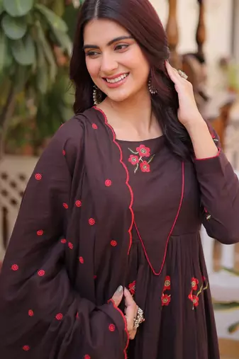 Exclusive Brown Floral Embroidered Cotton Summer Special Pant Suit