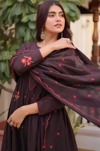 Exclusive Brown Floral Embroidered Cotton Summer Special Pant Suit