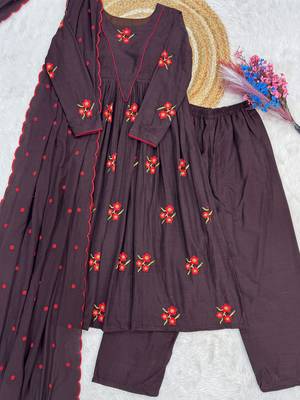Exclusive Brown Floral Embroidered Cotton Summer Special Pant Suit 8
