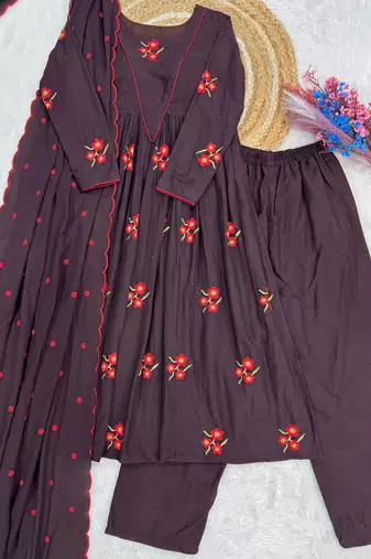 Exclusive Brown Floral Embroidered Cotton Summer Special Pant Suit