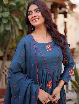 Dazzling Teal Blue Embroidered Cotton Festive Wear Pant Suit 6