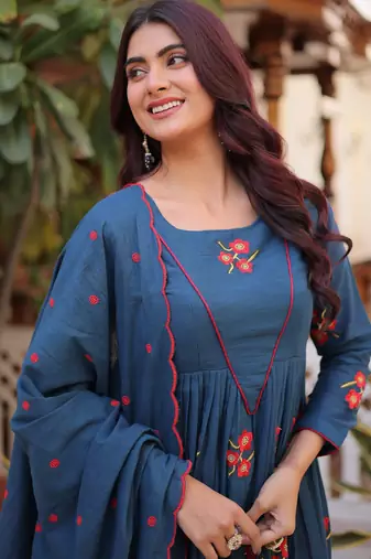 Dazzling Teal Blue Embroidered Cotton Festive Wear Pant Suit