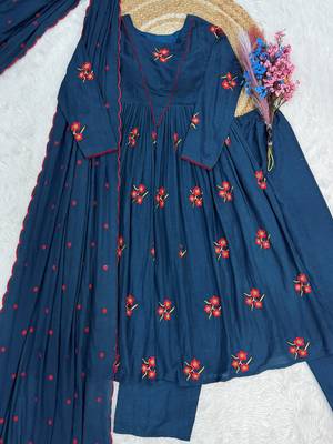Dazzling Teal Blue Embroidered Cotton Festive Wear Pant Suit 7