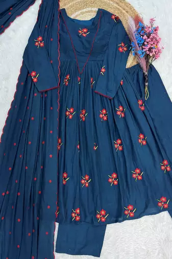 Dazzling Teal Blue Embroidered Cotton Festive Wear Pant Suit