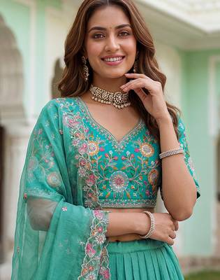 Wonderful Sea Green Floral Embroidery Organza Lehenga Choli With Dupatta 6
