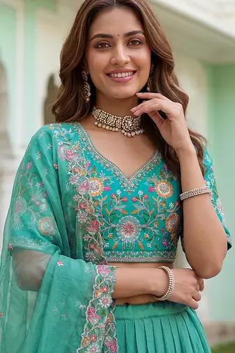 Wonderful Sea Green Floral Embroidery Organza Lehenga Choli With Dupatta