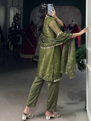 Incredible Olive Green Sequins Organza Mehendi Wear Salwar Suit 6