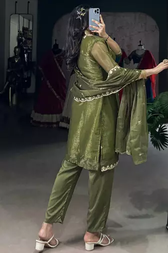 Incredible Olive Green Sequins Organza Mehendi Wear Salwar Suit