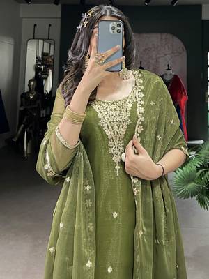 Incredible Olive Green Sequins Organza Mehendi Wear Salwar Suit 7