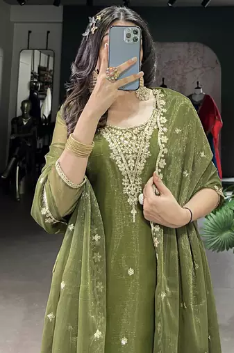 Incredible Olive Green Sequins Organza Mehendi Wear Salwar Suit