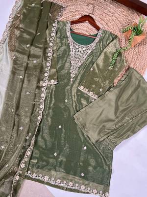 Incredible Olive Green Sequins Organza Mehendi Wear Salwar Suit 8