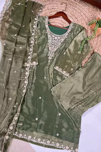 Incredible Olive Green Sequins Organza Mehendi Wear Salwar Suit