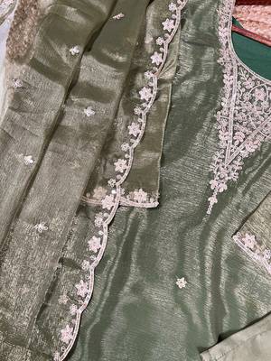 Incredible Olive Green Sequins Organza Mehendi Wear Salwar Suit 9