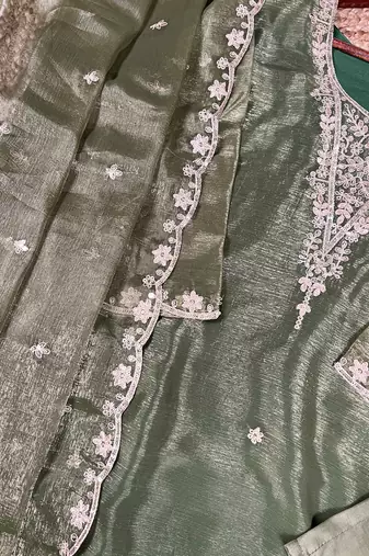 Incredible Olive Green Sequins Organza Mehendi Wear Salwar Suit