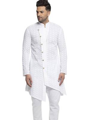 White chikankari cotton embroidery men kurta 1