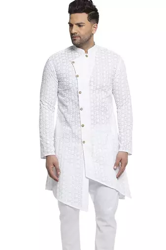 White chikankari cotton embroidery men kurta