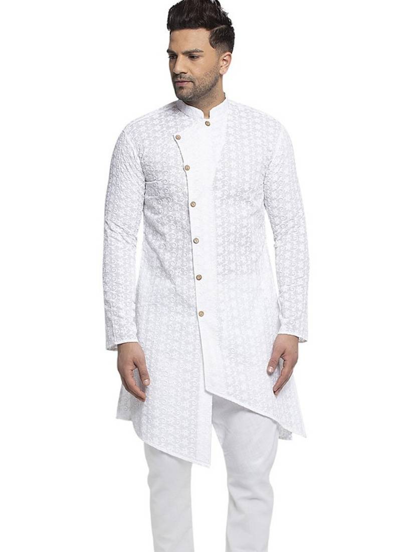White chikankari cotton embroidery men kurta
