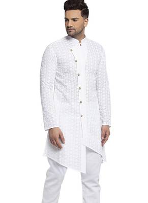 White chikankari cotton embroidery men kurta 3