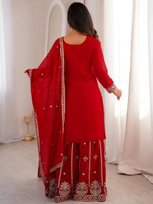 Dreamy Red Dori Embroidered Georgette Engagement Wear Sharara Suit 7